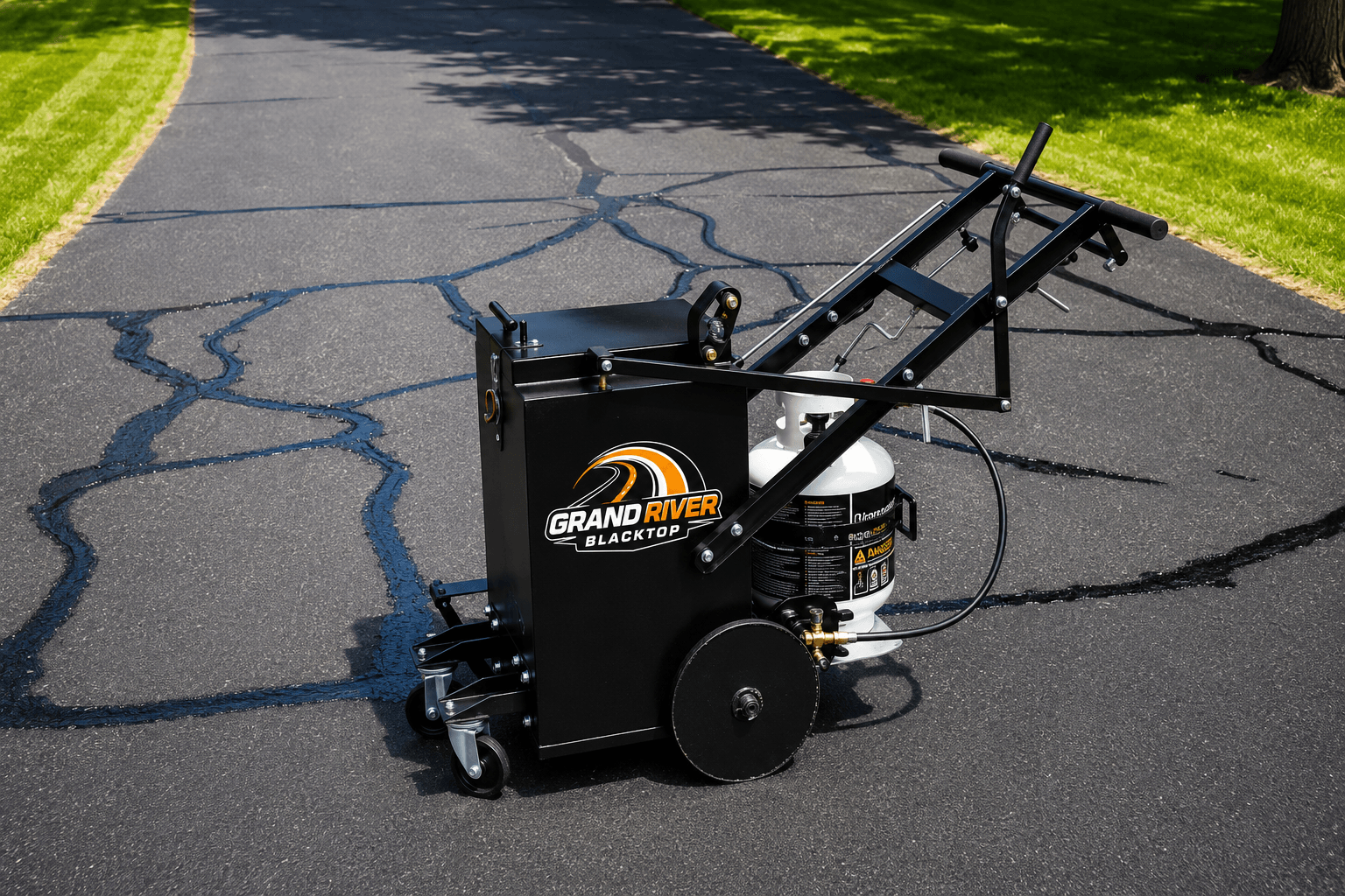 Driveway crack filling before asphalt sealing