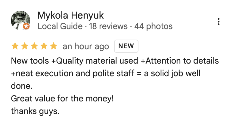 Google review from Mykola Henyuk